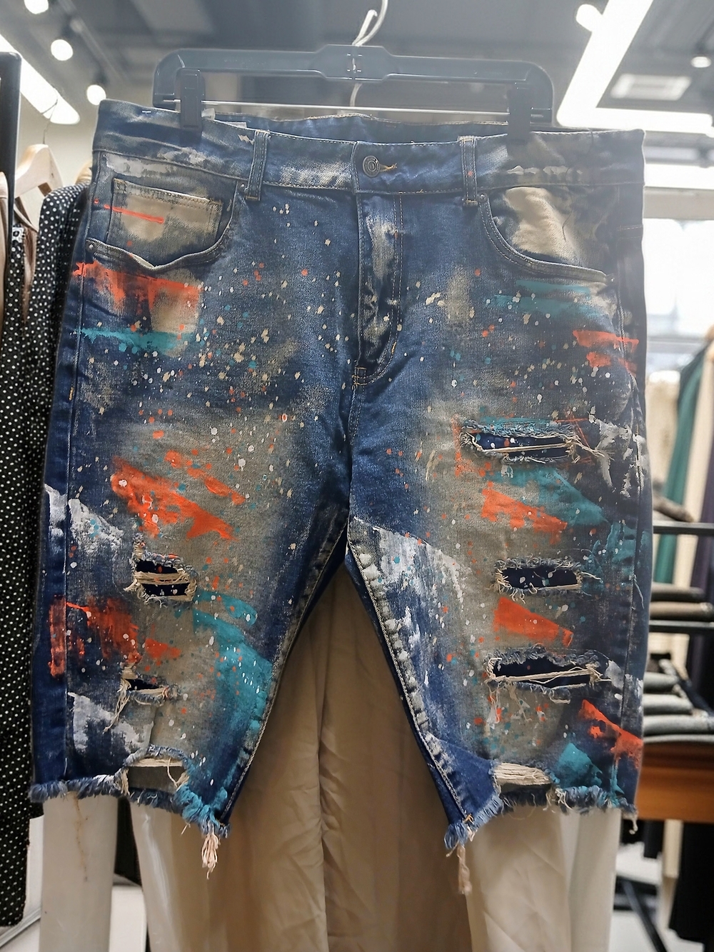 Distressed Paint-Splatter Denim Shorts - Blue with Orange & Teal
